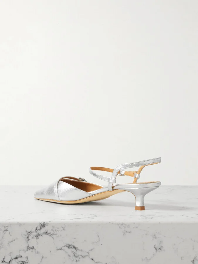 Aeyde - Melia Buckled Metallic Leather Slingback Pumps - Silver - Image 3