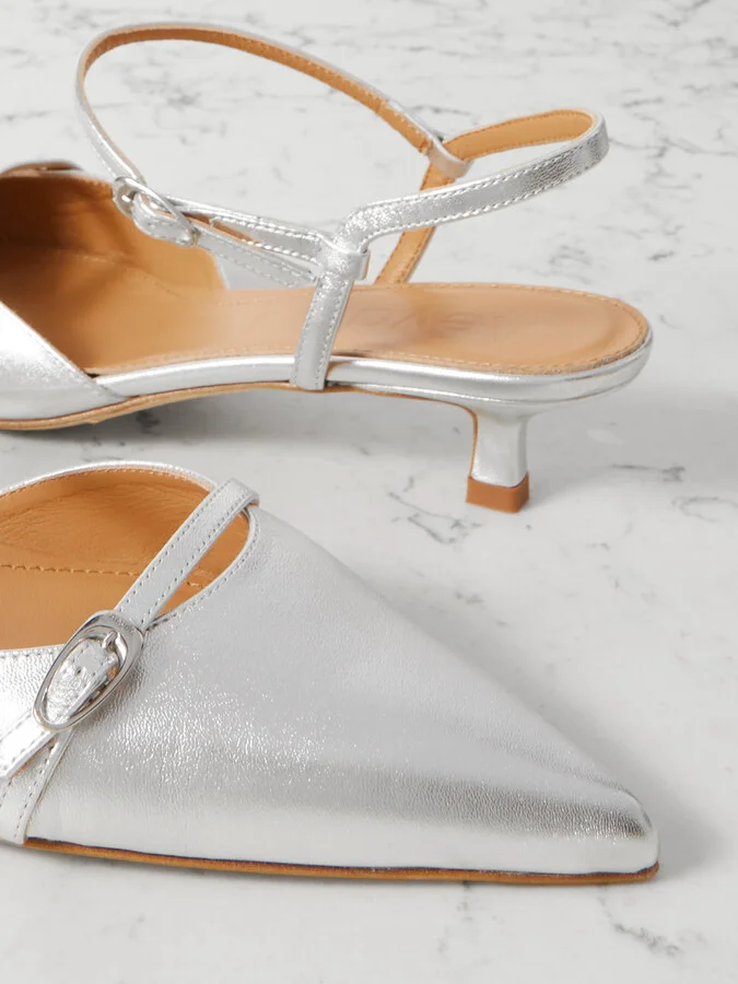 Aeyde - Melia Buckled Metallic Leather Slingback Pumps - Silver - Image 4