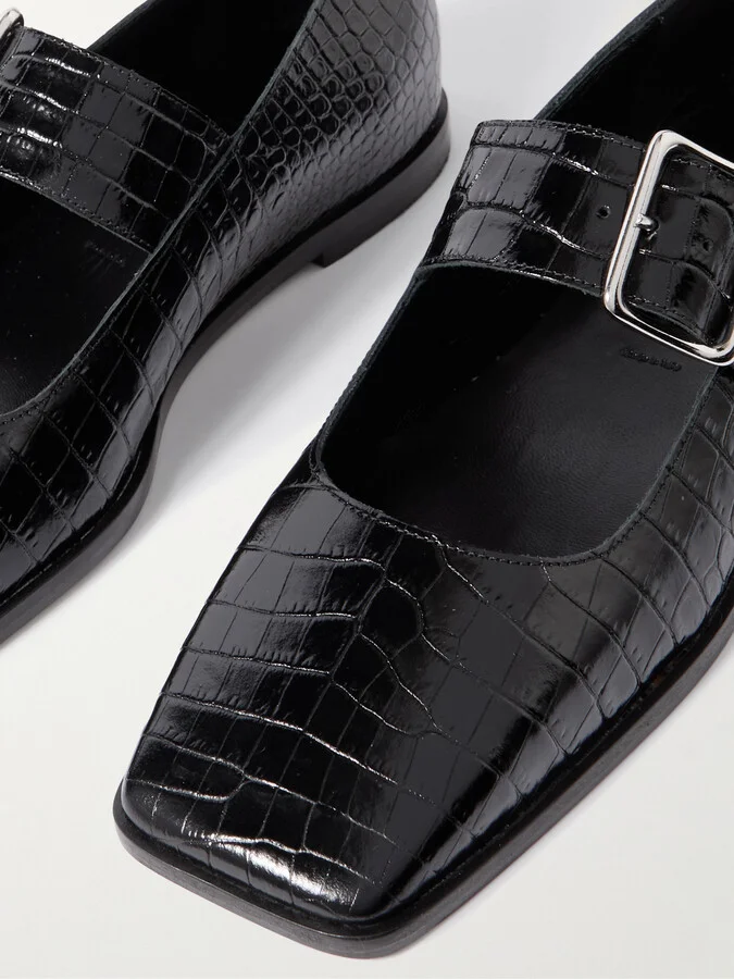 Aeyde - Sunny Croc-effect Leather Mary Jane Ballet Flats - Black - Image 4