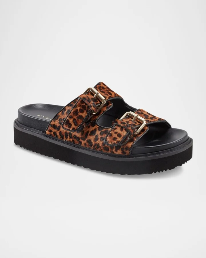 Agustaly Leopard Calf Hair Dual-Buckle Slide Sandals - Image 7