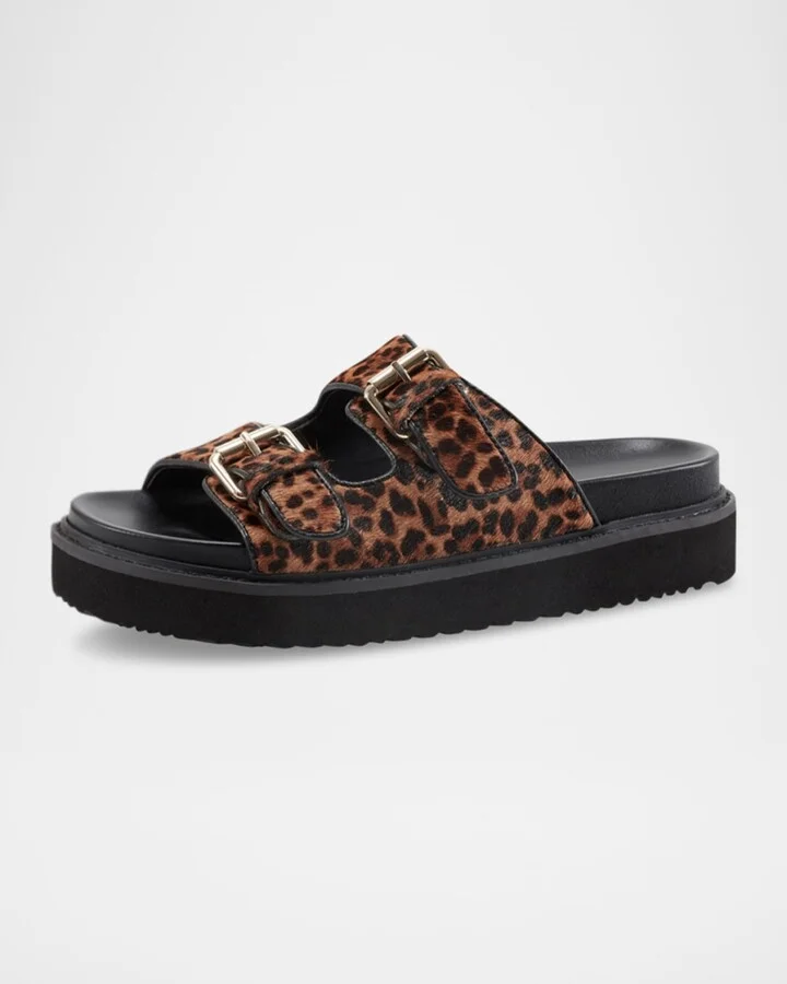 Agustaly Leopard Calf Hair Dual-Buckle Slide Sandals - Image 8