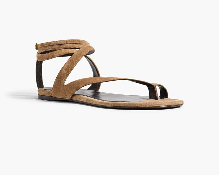Aimee Ankle Strap Flat Sandal in Taupe Suede - Image 2