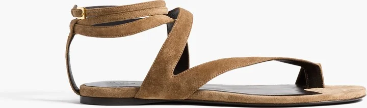 Aimee Ankle Strap Flat Sandal in Taupe Suede
