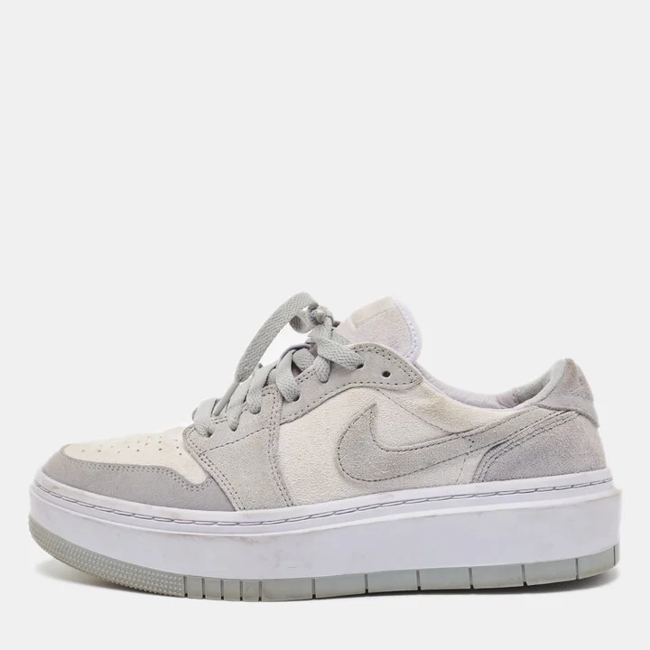 Air Jordans Grey/White Suede Elevate Air Jordan 1 Low Top Sneakers Size 40.5