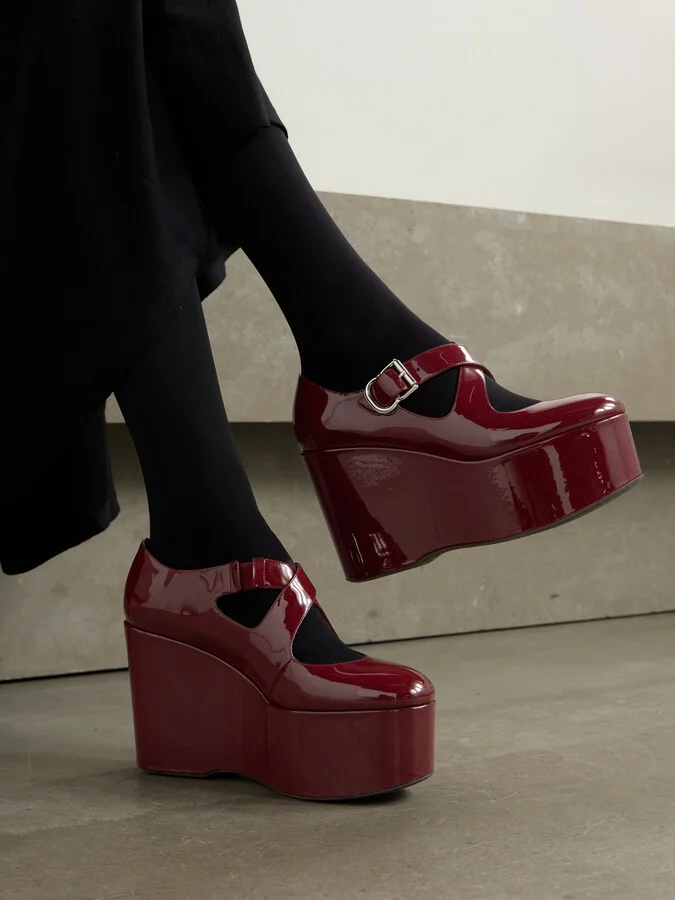 Alaïa - 110 Patent-leather Platform Wedge Mary Jane Pumps - Burgundy - Image 2