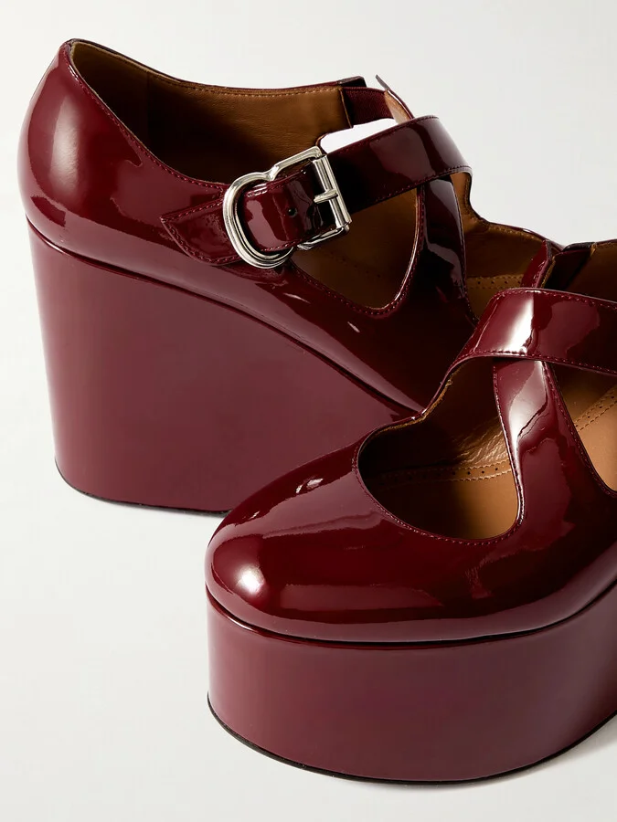 Alaïa - 110 Patent-leather Platform Wedge Mary Jane Pumps - Burgundy - Image 4