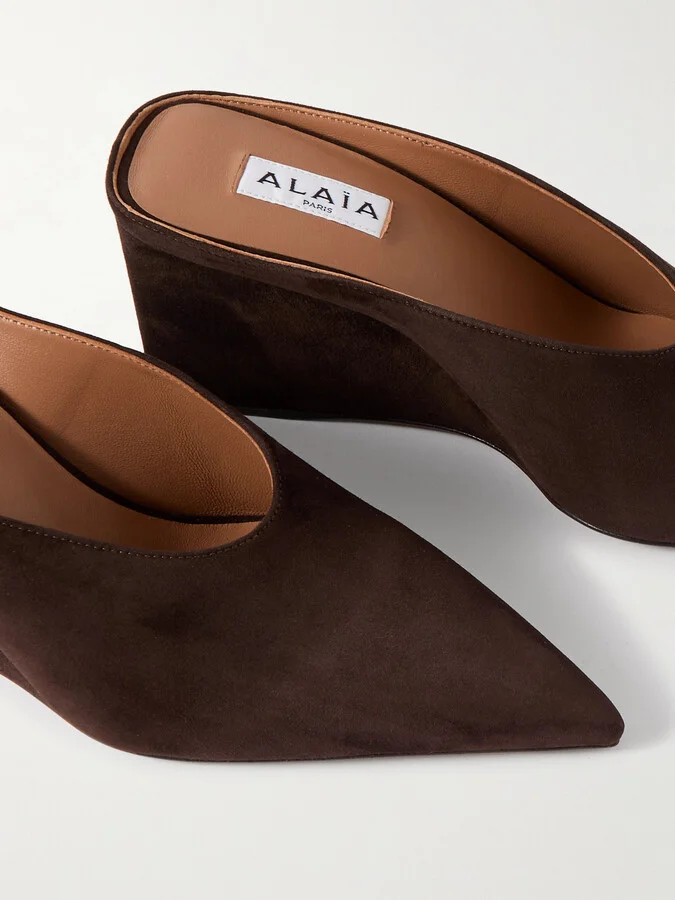 Alaïa - 75 Suede Point-toe Wedge Mules - Brown - Image 4