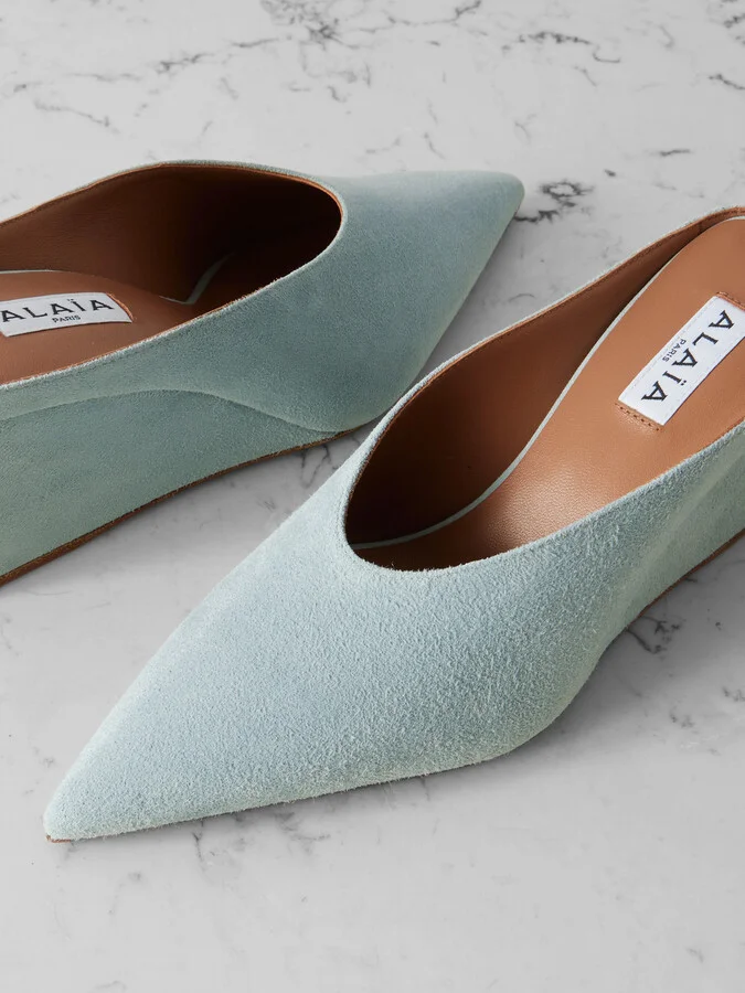 Alaïa - 75 Suede Wedge Mules - Green - Image 4