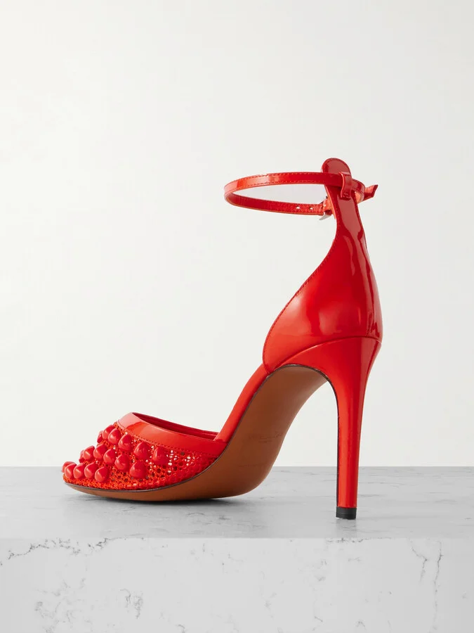 Alaïa - 90 Embellished Fishnet And Patent-leather Pumps - Red - Image 3