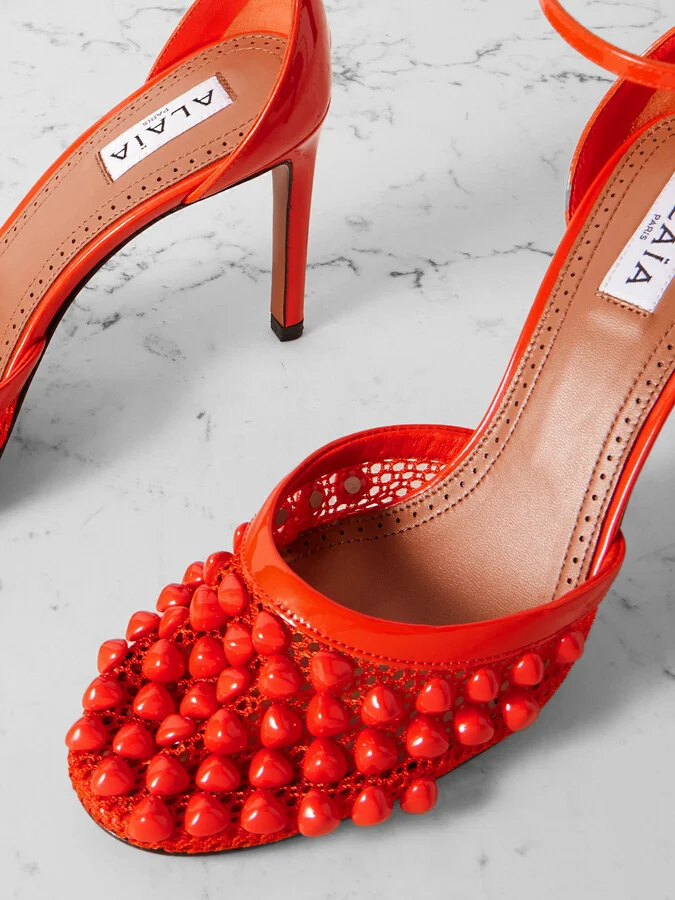 Alaïa - 90 Embellished Fishnet And Patent-leather Pumps - Red - Image 4