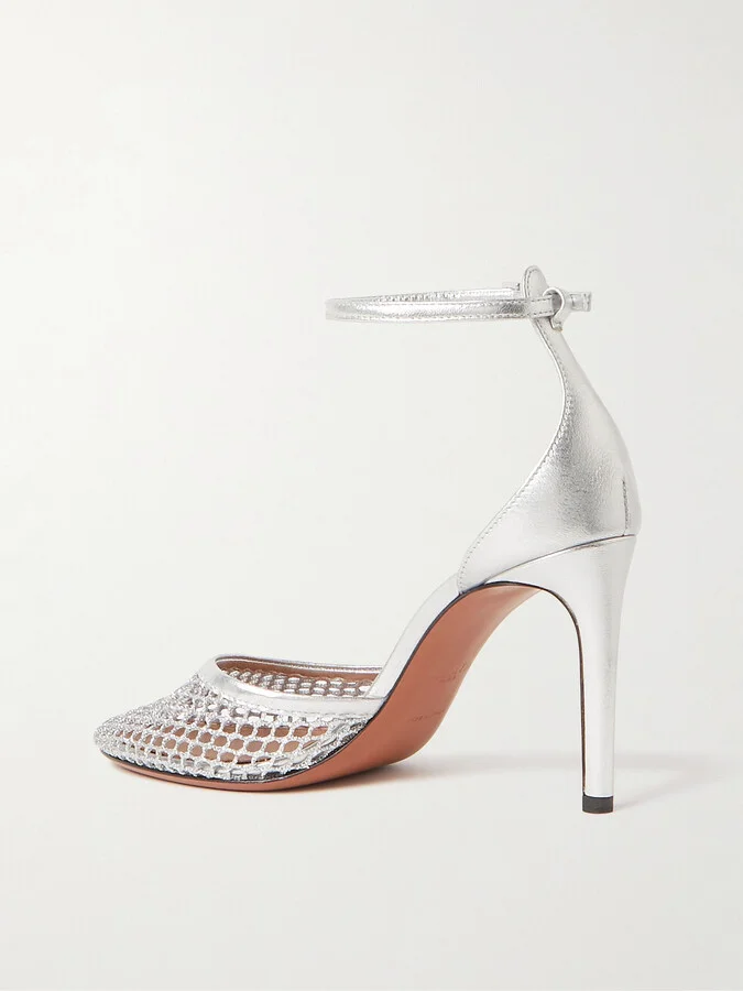 Alaïa - 90 Fishnet And Metallic Leather Pumps - Silver - Image 3