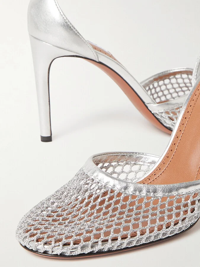 Alaïa - 90 Fishnet And Metallic Leather Pumps - Silver - Image 4