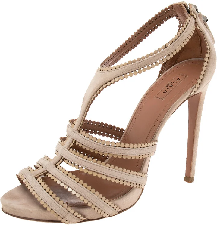 Alaia Beige Suede Laser Cut Out Sandals Size 39.5