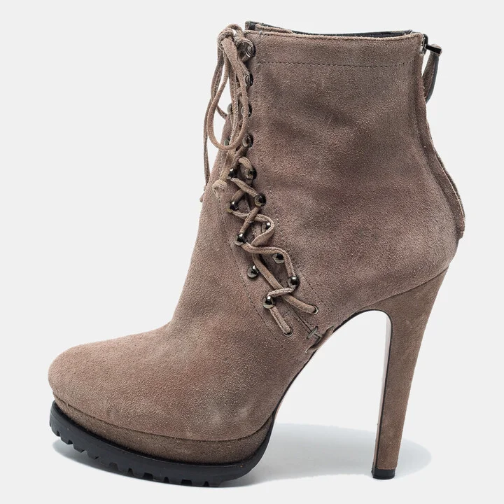 Alaia Beige Suede Studded Lace Up Platform Booties Size 40