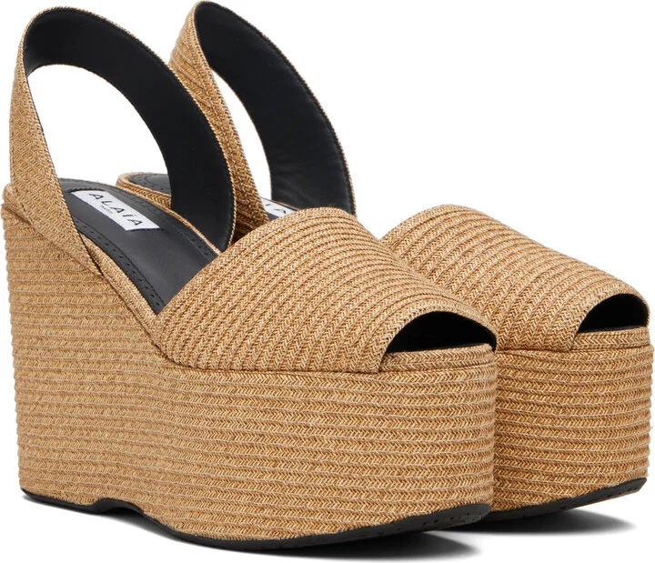 ALAÏA Beige Wedge Paper Straw Heeled Sandals - Image 4