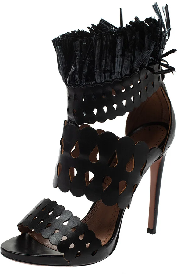 Alaia Black Leather and Straw Cut Out Fringes Sandals Size 38