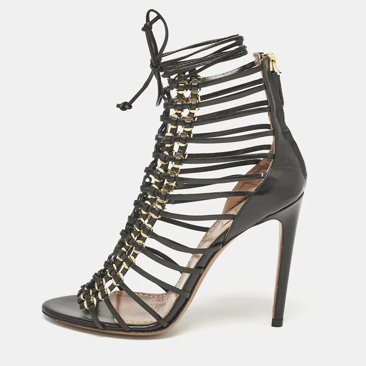 Alaia Black Leather Ankle Tie Sandals Size 37.5