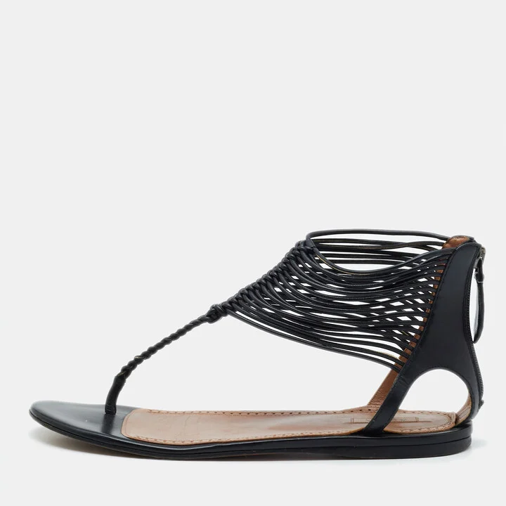 Alaia Black Leather T-Strap Flat Sandals Size 37.5