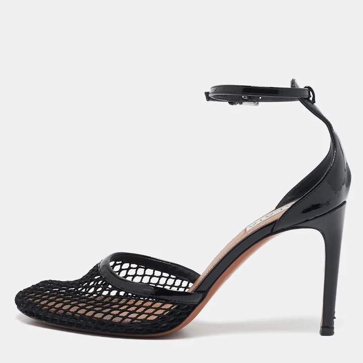 Alaia Black Mesh and Patent Leather Fishnet Ankle Strap Sandals Size 36