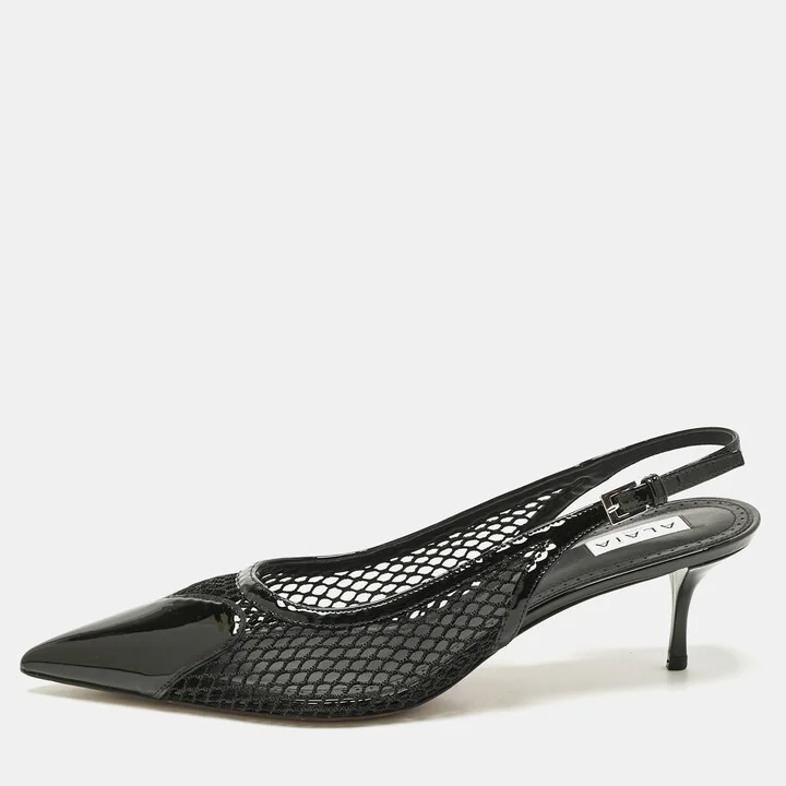 Alaia Black Patent Leather and Mesh Le Coeur Slingback Pointed Toe Pumps Size 41