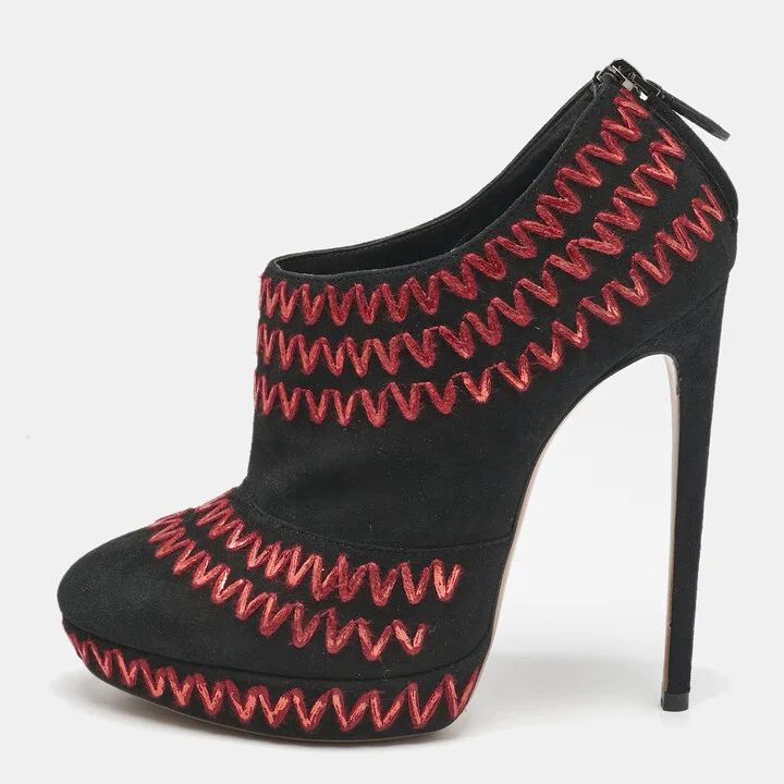 Alaia Black/Red Suede ZigZag Stitch Booties Size 41