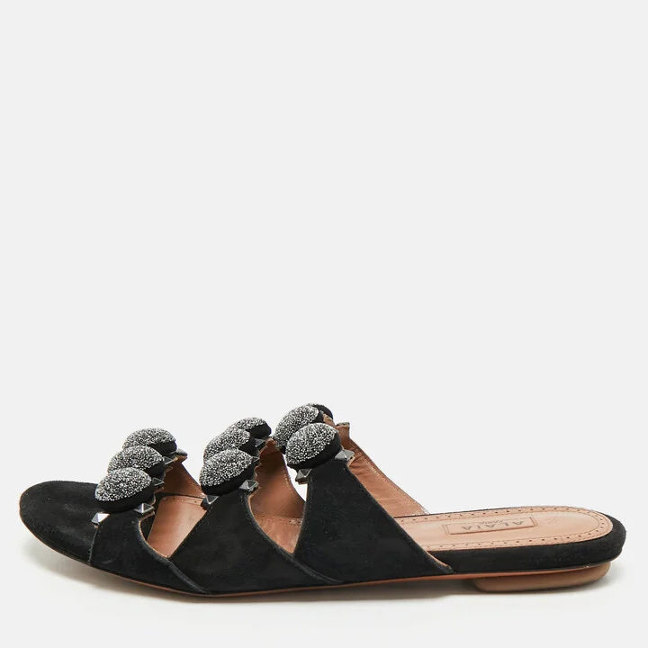 Alaia Black Suede Bombe Flat Slides Size 38