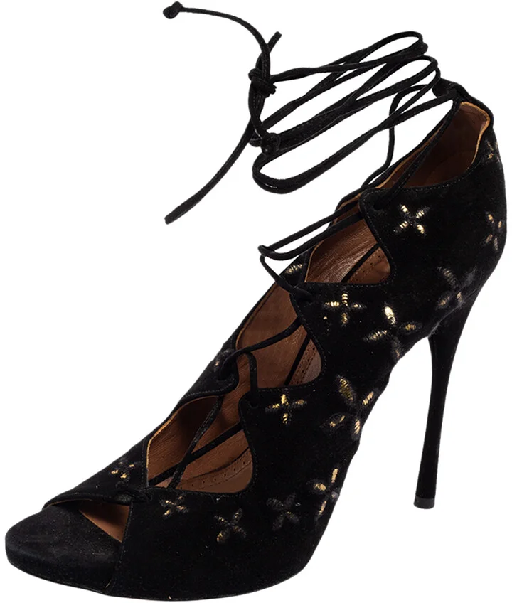 Alaia Black Suede Cut Out Lace Up Ankle Wrap Sandals Size 39