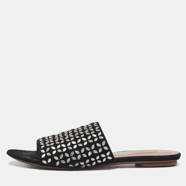Alaia Black Suede Embellished Flat Slides Size 36.5