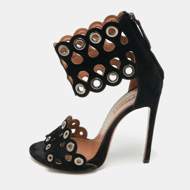 Alaia Black Suede Eyelet Embellished Ankle Strap Sandals Size 35
