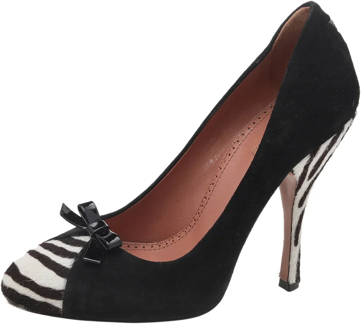 Alaia Black/White Suede And Zebra Print Calf Hair Bow Pumps Size 36