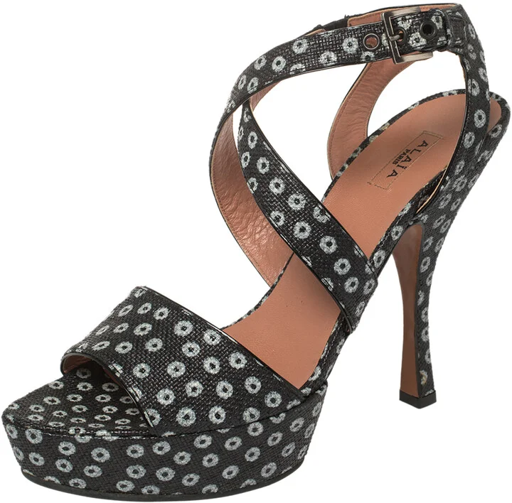 Alaia Blue/Black Canvas Floral Print Platform Sandals Size 39