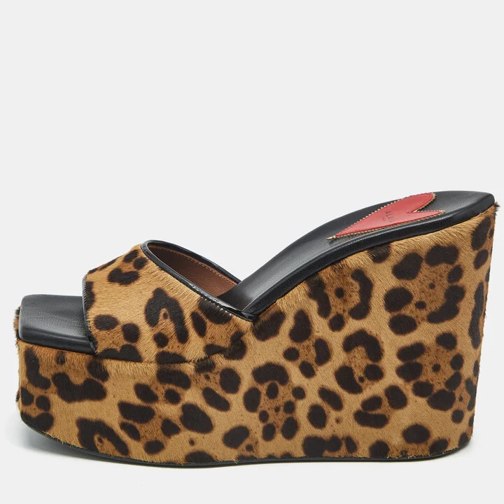 Alaia Brown Calf Hair Wedge Slide Sandals Size 39