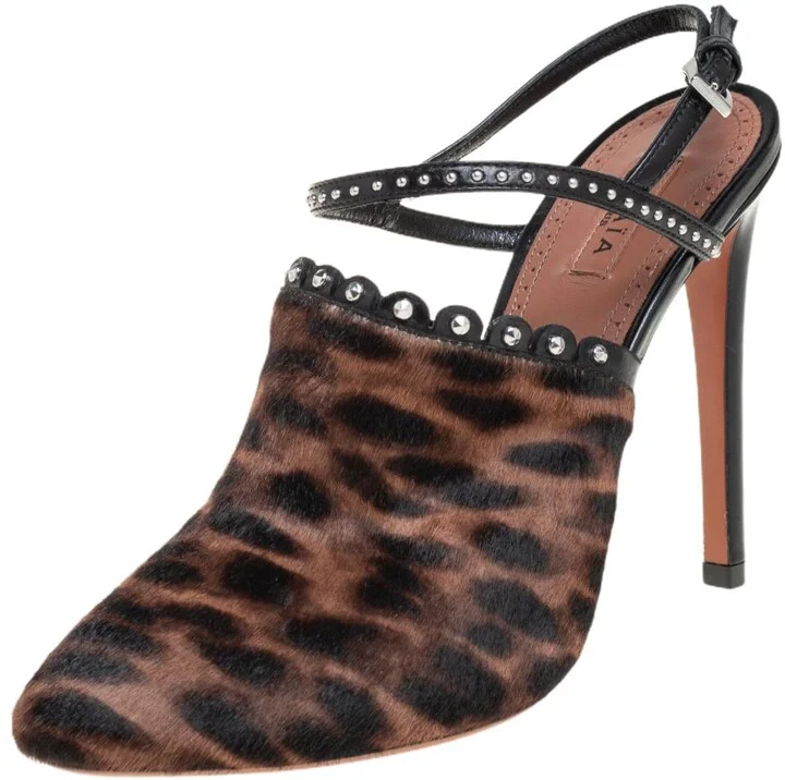 Alaia Brown Leopard Print Calf Hair And Black Studded Leather Slingback Sandals Size 37