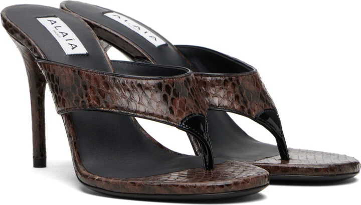 ALAÏA Brown Thong Elaphe Leather Mule Sandals - Image 4