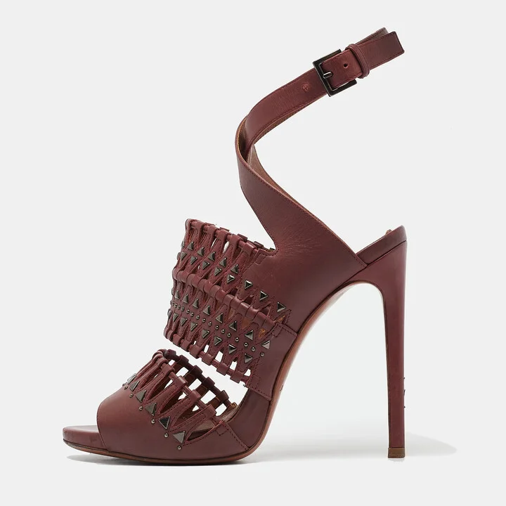 Alaia Burgundy Leather Studded and Laser Cut Ankle Strap Sandals Size 37