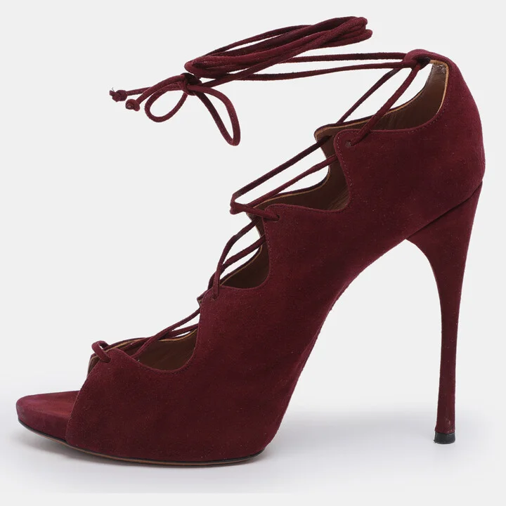 Alaia Burgundy Suede Lace Up Open Pumps Size 41