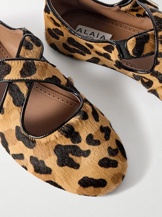 Alaïa - Criss Cross Leather-trimmed Leopard-print Calf Hair Ballet Flats - Animal print - Image 4