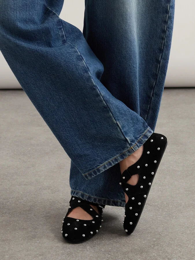 Alaïa - Criss Cross Studded Suede Ballet Flats - Black - Image 3