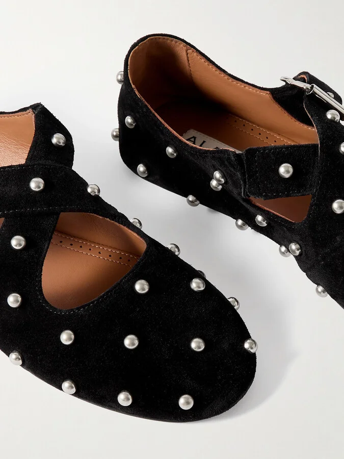Alaïa - Criss Cross Studded Suede Ballet Flats - Black - Image 4