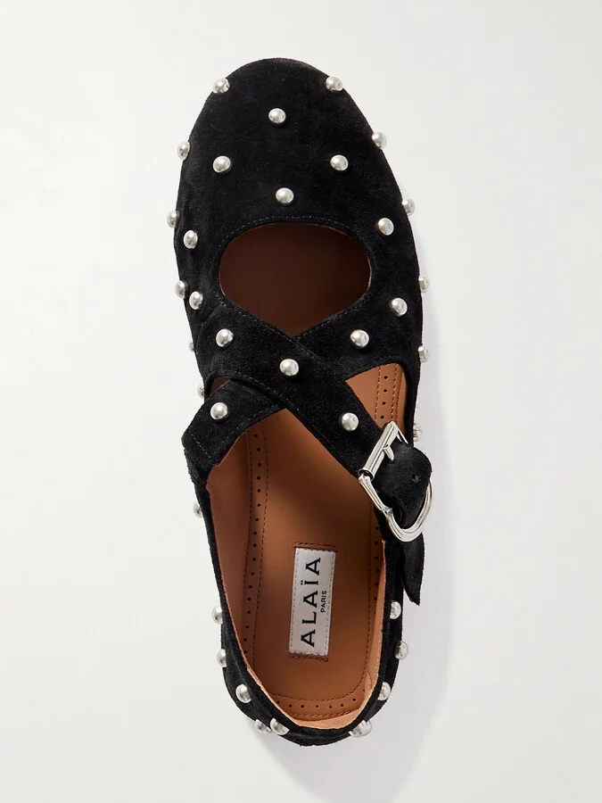 Alaïa - Criss Cross Studded Suede Ballet Flats - Black - Image 5