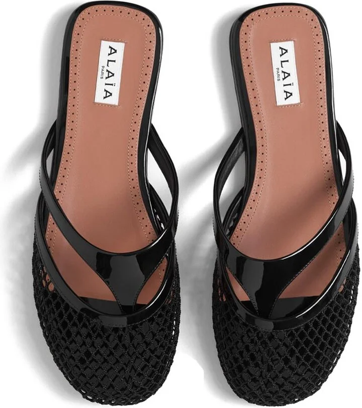 Alaïa Fishnet And Leather Flip Flops Flat Mules Shoes - Image 3