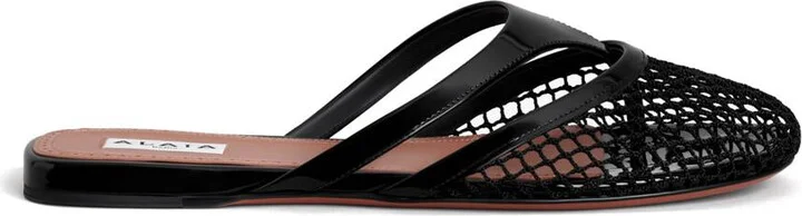 Alaïa Fishnet And Leather Flip Flops Flat Mules Shoes