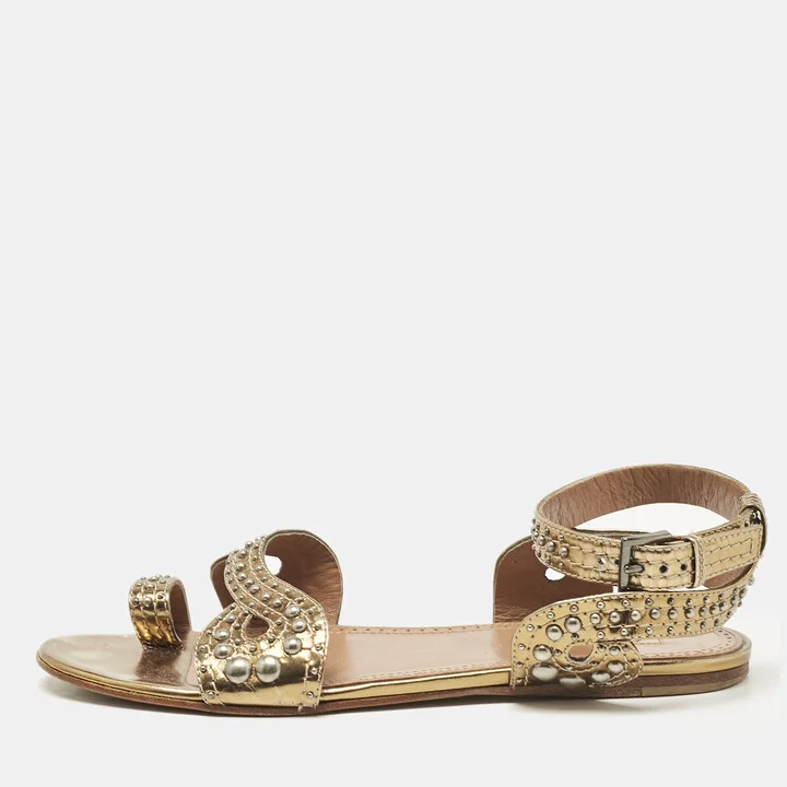 Alaia Gold Leather Embellished Ankle Strap Flat Sandals Size 37
