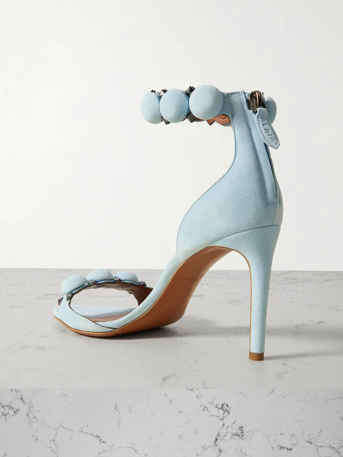 Alaïa - La Bombe 90 Embellished Studded Suede Sandals - Blue - Image 3