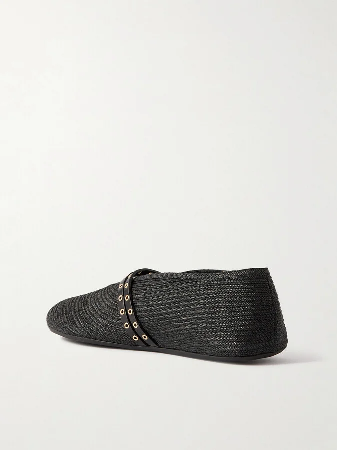 Alaïa - Leather-trimmed Raffia Ballet Flats - Black - Image 3