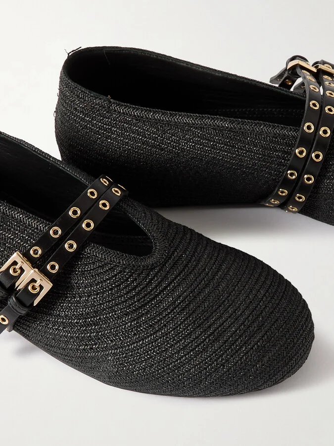 Alaïa - Leather-trimmed Raffia Ballet Flats - Black - Image 4