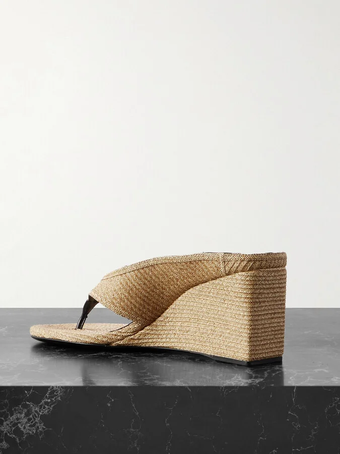 Alaïa - Leather-trimmed Woven Raffia Wedge Sandals - Neutrals - Image 3