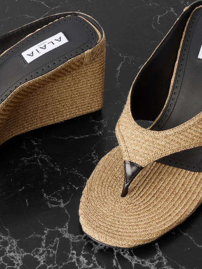 Alaïa - Leather-trimmed Woven Raffia Wedge Sandals - Neutrals - Image 4