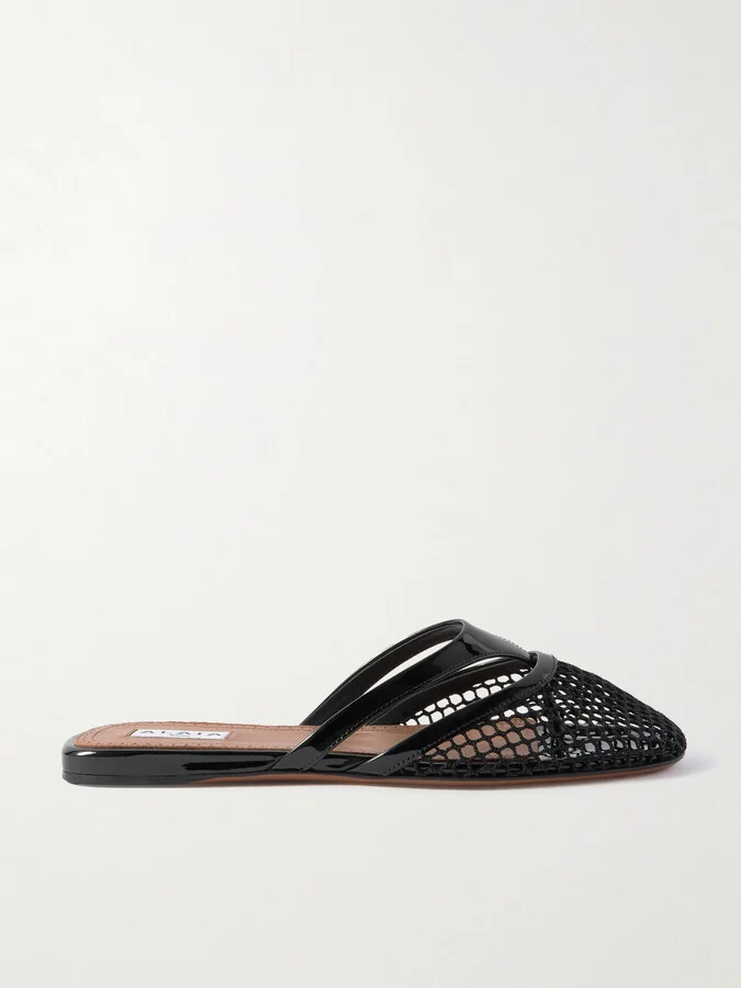 Alaïa - Patent-leather Trimmed Fishnet Mules - Black