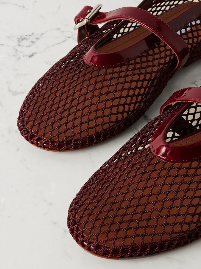 Alaïa - Patent Leather-trimmed Mesh Ballet Flats - Burgundy - Image 4